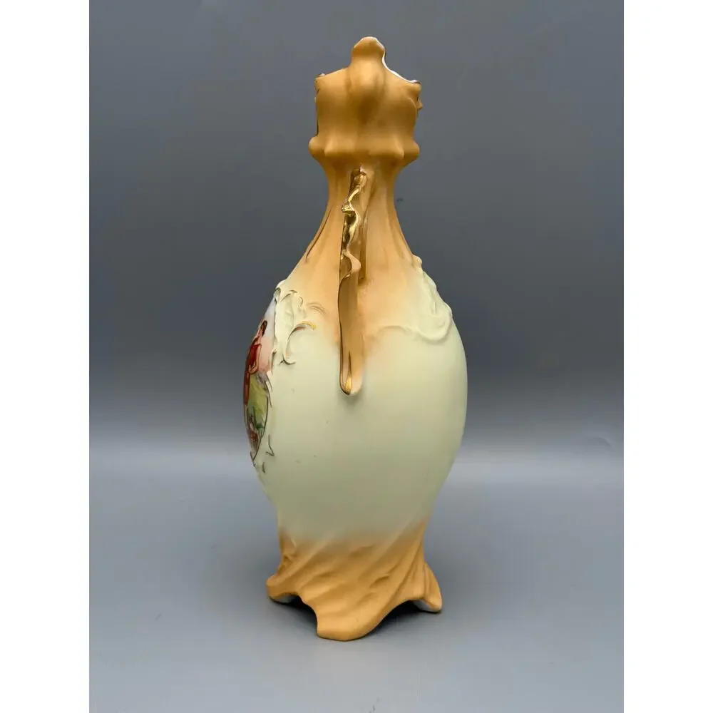 Art Nouveau Portrait Vase Double Handle Matte Bisque Style Gold Gilt